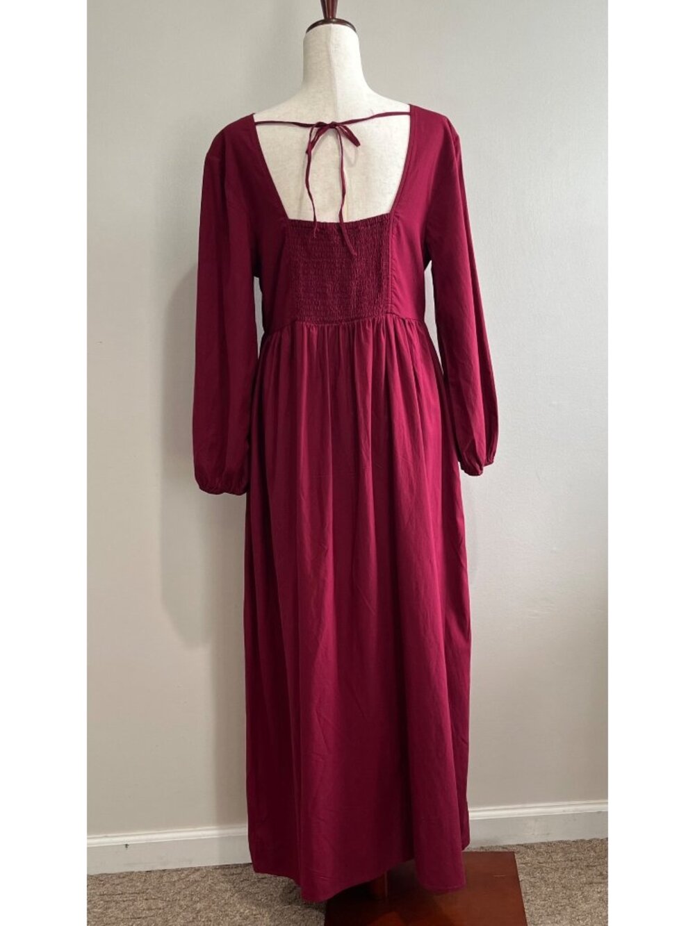 Time & Tru Maxi Dress Womens L Red Smocked Back V-Neck Puff Sleeves - Picture 3 of 5